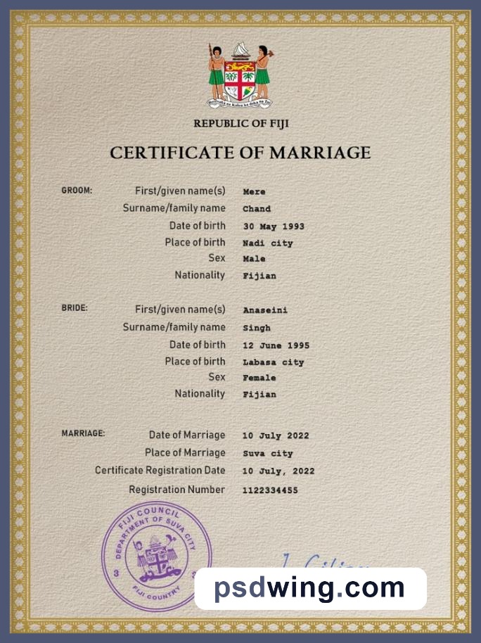 Fiji Marriage Certificate PSD Template